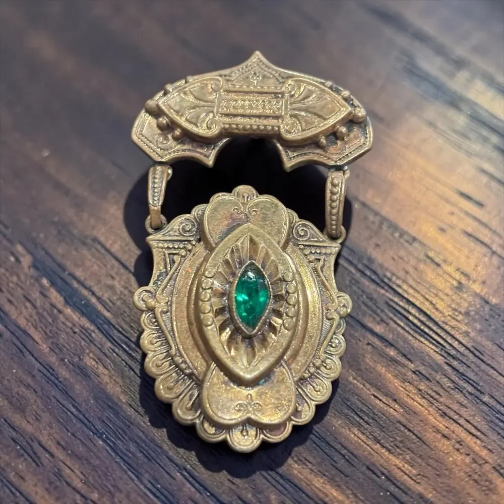 Antique Emerald Green Glass Dangle Brooch Art Nouveau Ornate Gold Tone Pin